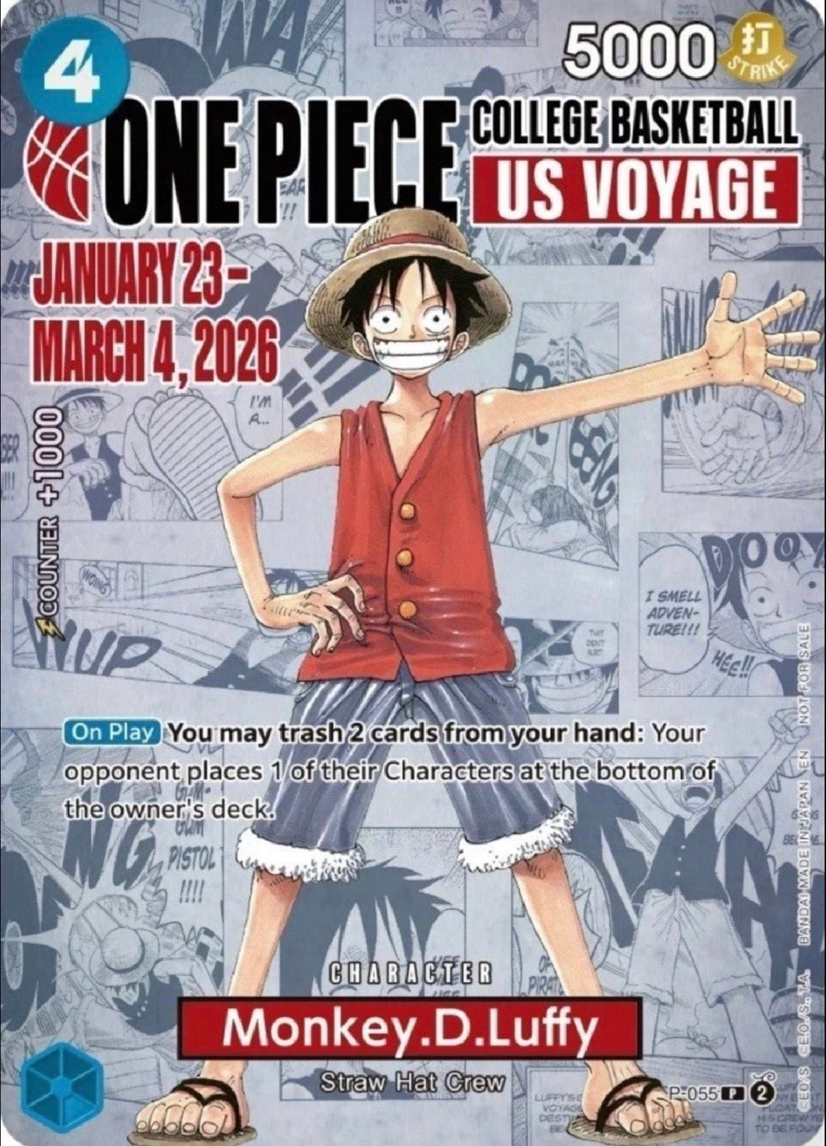 【未開封】モンキー・D・ルフィ：P [P-055]【英語版】(プロモーションカード「ワンピース カレッジ バスケットボール/USボヤージュ」)